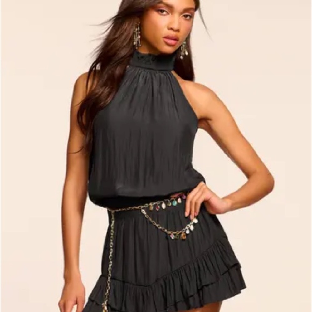 Ramy Brook Embellished Collar Black Silk Halter Mini Dress